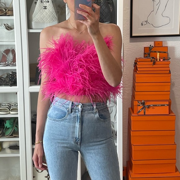 ATTICO Pink Ostrich Feather Crop Top 40 - Picture 1 of 8
